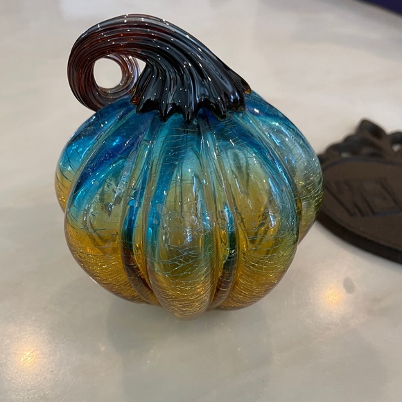 Art Glass Turquoise, Amber, and Brown Pumpkin with Curly Stem. 5”- 5 1/2” Dia - Picture 10 of 10